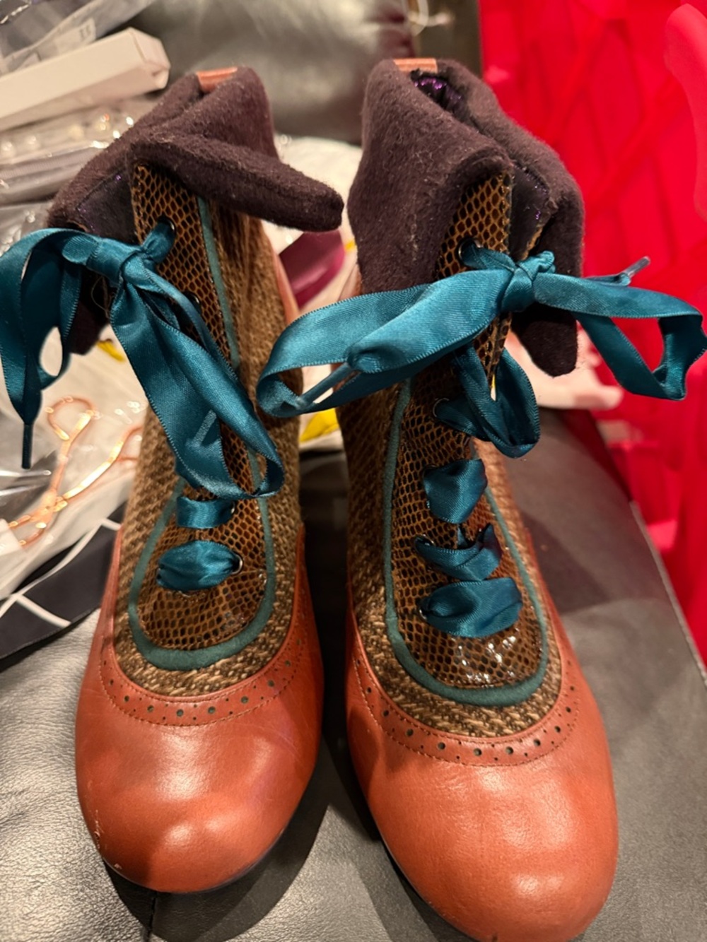 Poetic License Brown Leather Lace-Up Boots with Teal Ribbon Laces
